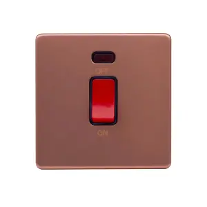 Brushed Copper Screwless Plate 45A 1 Gang Double Pole Switch, Single Plate - Black Trim - SE Home