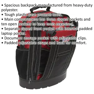 Red Tool Backpack - Durable Multi Pocket Storage for Professionals and DIY Enthusiasts