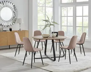 Furniturebox UK Santorini Brown Round Round Dining Table And 6 Cappuccino Corona Black Leg Chairs