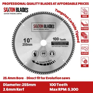 Saxton TCT255100T254B TCT Circular Saw Blade 255mm x 100 Teeth x 25.4mm Bore