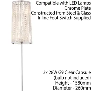 Tall Crystal Floor Lamp Chrome & Glass Modern Free Standing Lounge Feature Light