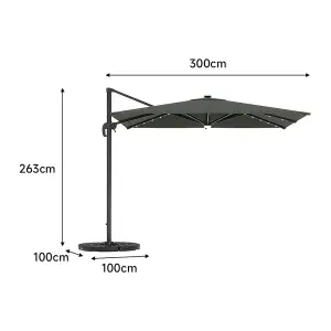 3M Square Cantilever Parasol with Solar Light and Black Parasol Base