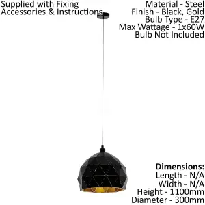 Pendant Ceiling Light Colour Black Faceted Gold Inner Shade Bulb E27 1x60W