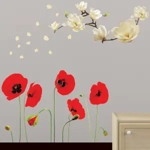 Walplus Combo Wall Stickers Art Mural Home Decor - White Magnolia and Poppy Flowers