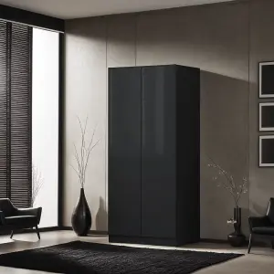 Black Gloss 2 Door Double Wardrobe Push Open Soft Closing Bedroom Furniture