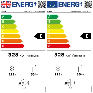 Beko ASD2442VPZ 60:40 American style Freestanding Frost free Fridge freezer
