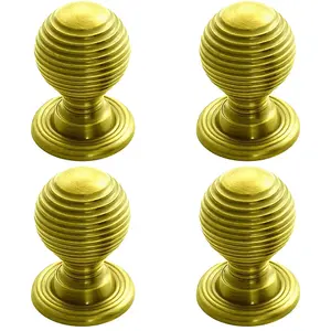 4 PACK - Reeded Ball Door Knob - 35mm Polished Brass Lined Cupboard Pull Handle & Rose