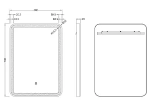 Rectangular LED Illuminated Touch Sensor Framed Mirror with Demister, 700mm x 500mm - Brushed Brass