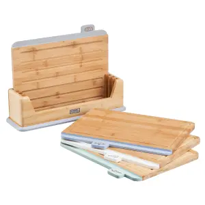 Cooks Professional Bamboo Index Chopping Boards with Stand, Wood Cutting Boards Veg, Meat & Fish