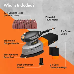 VonHaus Detail Sander - 130W Electric Sander for Wood with Dust Collector, 12PCS Sandpapers - 13000RPM Compact Palm Sander