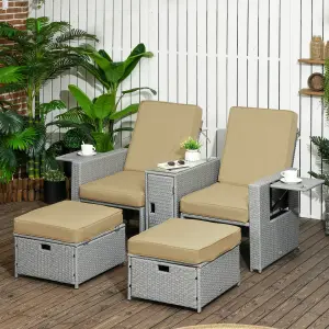 Outsunny Recliner Rattan Sun Lounger w/ Storage Tea Table & Footstools, Beige