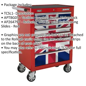 Union Jack 7 Drawer Portable Tool Chest with Lock - Mobile Toolbox 685x465x1005mm