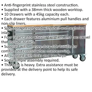 Versatile 1990mm Stainless Steel Mobile Tool Cabinet with 10 Drawers and Cupboard