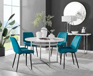 Adley White High Gloss and Chrome Round Dining Table with Storage Shelf and 4 Blue Velvet Black Leg Pesaro Dining Chairs