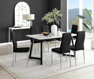 Furniturebox UK Carson White Marble Effect Dining Table & 6 Black Velvet Milan Chairs