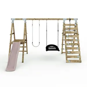 Limited Edition Rebo Wooden Double Swing Set with Slide plus Up and Over Climbing Wall - Quartz - Pastel Pink