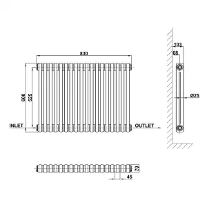 Horizontal Anthracite Double Column Radiator (H) 600mm x (W) 830mm, 3760 BTU.