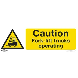 Caution Fork-Lift Trucks Safety Sign - Durable Rigid Plastic 300mm x 100mm