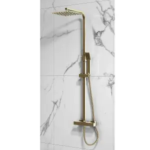 Brushed Brass Shower Kit Rigid Riser Over Head Rainfall & Brushed Brass Basin Tap, Bath Filler Mixer Pack