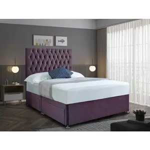 Jemma Divan Bed Set with Headboard and Mattress - Chenille Fabric, Purple Color, 2 Drawers Left Side