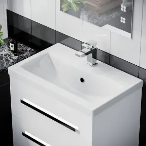 Nes Home Nanuya 600mm Gloss White Wall Hung 2 Drawer Vanity Cabinet & Ceramic Basin Sink