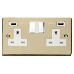 Polished Brass 2 Gang 13A 2 USB Twin Double Switched Plug Socket - White Trim - SE Home