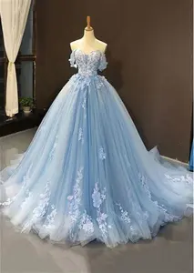 Stacees UK Prom Dress Ball Gown Sweep Train Tulle Appliqued - Light Blue