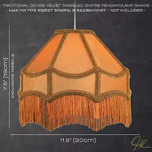 Traditional Victorian Empire Lampshade in Mustard Ochre Velvet with Long Tassels