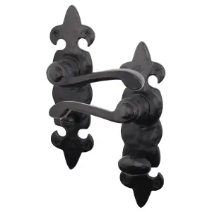 AFIT Black Antique Fleur De Lys Bathroom Door Handles - 1 Pair Cast Iron Internal Lever Handles on Backplate