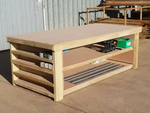 Workbench MDF top with extra shelving, very wide 4th depth table (H-90cm, D-120cm, L-150cm) with double shelf