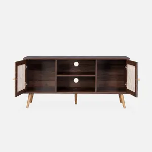 sweeek. 120cm TV stand with wooden and cane effect Boheme Dark wood colour 120x39x56.5 cm