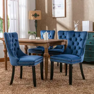 Pair of Lux Blue Velvet Kitchen Dining Chairs with Pull Knocker Wing Back Home Office Bedroom Chairs