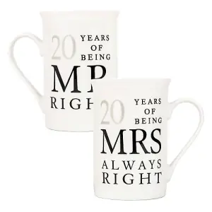 Ivory White 20th Anniversary Mr Right & Mrs Always Right Ceramic Mug Gift Set