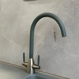 Liquida LB01GR Swan Neck Twin Lever Brushed Steel and Grey Kitchen Tap