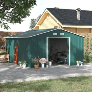 Outsunny 13 X 11ft Garden Storage Shed with2 Doors Galvanised Metal Green