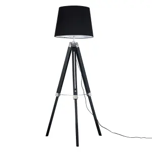 ValueLights Clipper Black Wood and Silver Chrome Tripod Floor Lamp with Black Tapered Light Shade with 6w LED GLS Bulb