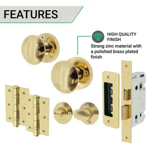 EAI - Round Mortice Door Knobs and Bathroom Lock Kit - 55mm - Polished Brass