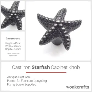 Oakcrafts - Small Antique Cast Iron Starfish Cabinet Knob - Approx 45mm - Pack of 4