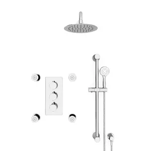 Flora Round 3 Way Concealed Thermostatic Shower Mixer Valve, Shower Head, Slider Rail kit, Body Jets Set Chrome