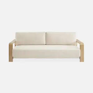 sweeek. 3-seater sofa bed in white boucle with wooden armrests Eden White 224x108x85 cm