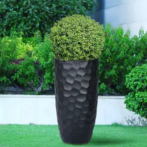 Set of 2 IDEALIST Tall Planter, Mosaic Black Reinforced Stone Round Planters, Outdoor Plant Pots: D31 H61 cm + D41 H77 cm