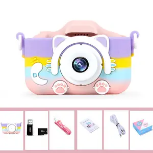 Rainbow Pink with 32G Memoey Card 5s Mini Cartoon Fun HD Digital Cat Camera