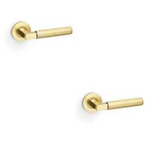 2 PACK - SOLID BRASS Knurled Door Handle Set - Satin Brass Angled Lever on Round Rose