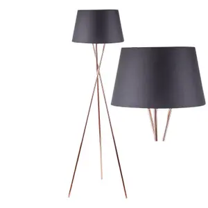 First Choice Lighting Copper Tripod Floor Lamp with Black Fabric Shade