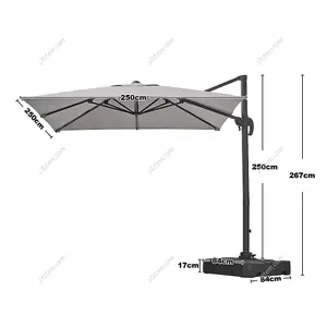 2.5M Light Grey Rotatable Crank Tilt Garden Roman Umbrella Cantilever Parasol with Cross Base