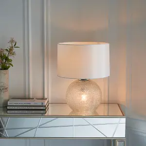 Lucia Clear Textured Glass with Vintage White Faux Silk Shade Modern Classic 2 Light Table Light