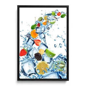 Fruit Water Splash Ice Cubes Kitchen CANVAS FLOATER FRAME Wall Art Print Picture Black Frame (H)30cm x (W)20cm