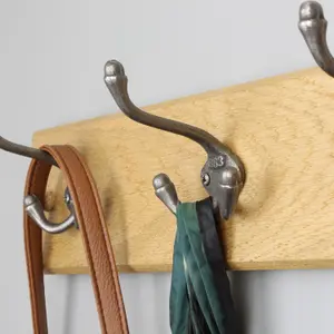 Oakcrafts - Handcrafted Solid Oak Coat Rack with Cast Iron 1883 Triple Hooks 900mm - 6 Hooks