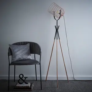 Fulton Industrial Metal Cage Tripod Copper and Black Floor Lamp