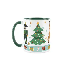 Purely Home Green Christmas Nutcracker Character Coffee Mug - 4x Green & White Ceramic Mugs